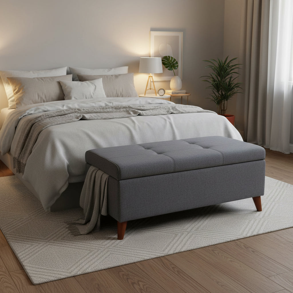 Storage Ottoman Bench, Gray Fabric Cushions, Brown Wood Legs, 38 Inch