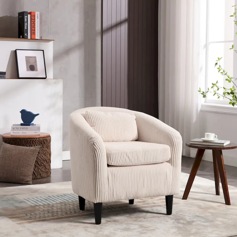 Beige / Gray / Emerald / Black / Camel / Blue Corduroy Barrel Accent Chair with Wood Legs – 1 Person