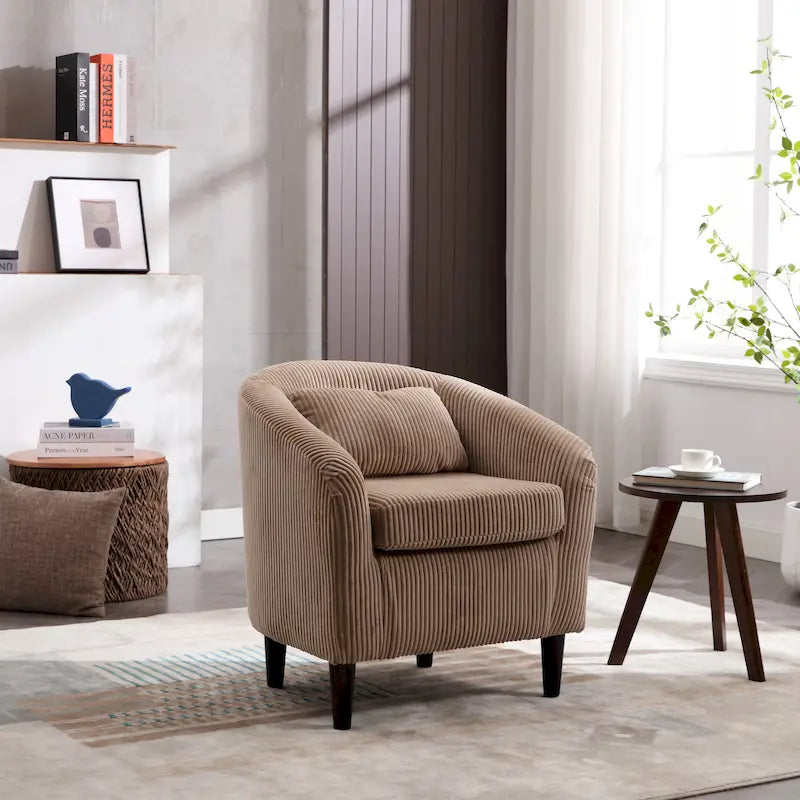 Beige / Gray / Emerald / Black / Camel / Blue Corduroy Barrel Accent Chair with Wood Legs – 1 Person