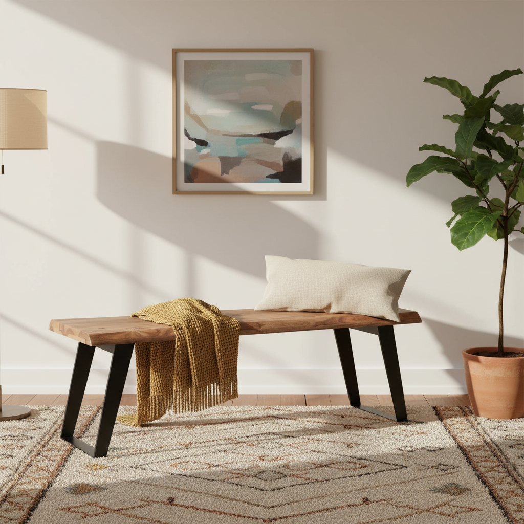 Brown Live Edge Sheesham Wood Bench with Black Wrought Iron Legs – 60 in