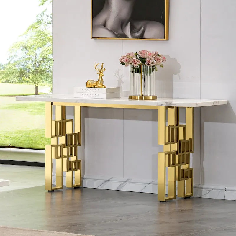 White / Black 55 in Console Table with High Gloss Top and Geometric Metal Base – Entryway / Living Room