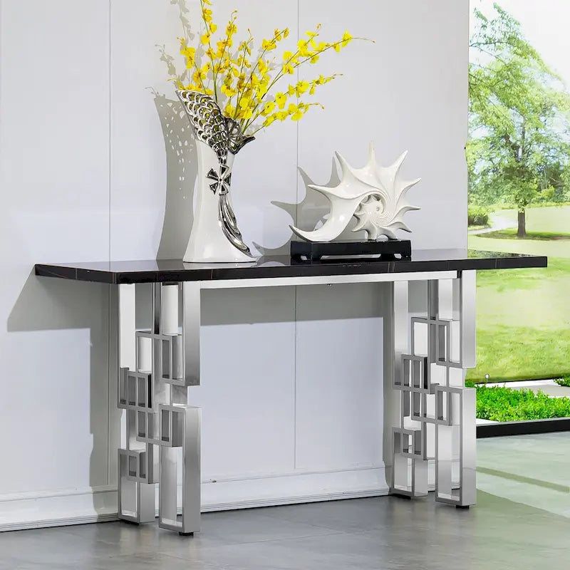 White / Black 55 in Console Table with High Gloss Top and Geometric Metal Base – Entryway / Living Room