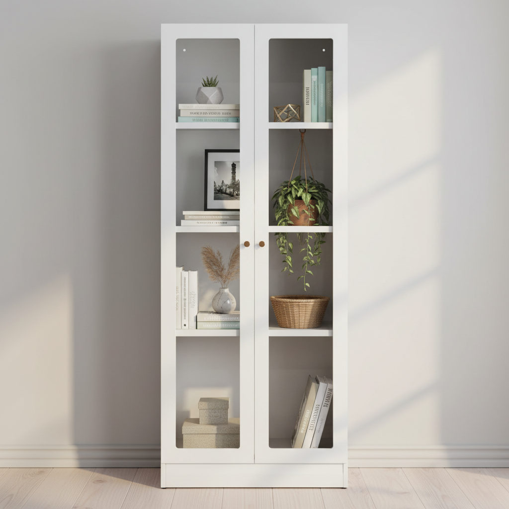 White Steel French Door Storage Cabinet with Acrylic Glass Panels – Steel Finish