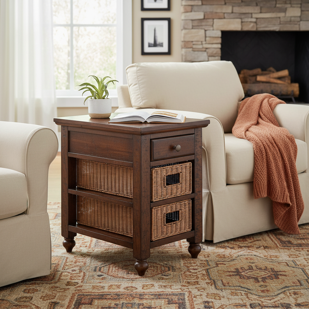 Brown Pine and Rattan Coastal Chairside End Table with Storage Baskets