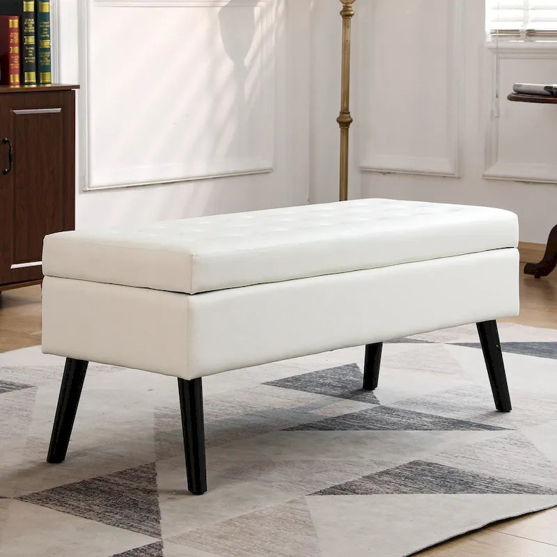 White PU Leather Tufted Storage Ottoman Bench with Safety Hinge Lid – 43.3 in