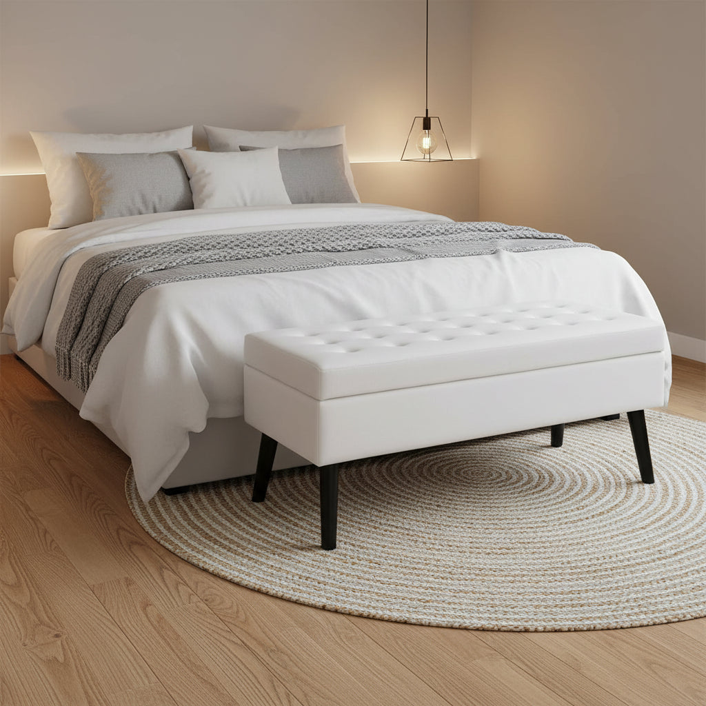White PU Leather Tufted Storage Ottoman Bench with Safety Hinge Lid – 43.3 in
