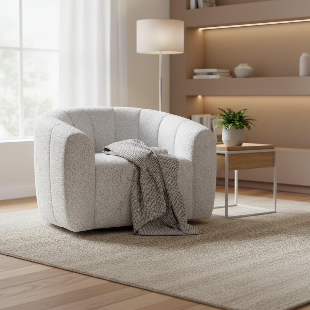 White and Black Boucle Fabric Swivel Accent Chair with Iron Base – 1 Person